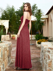 Square Neckline Long Lace Dress With Slit Burgundy