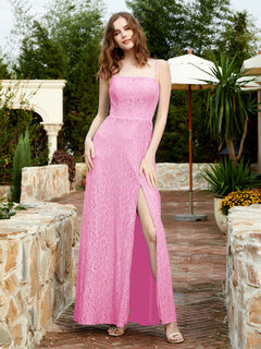 Square Neckline Long Lace Dress With Slit Candy Pink