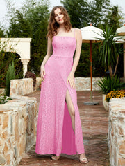 Square Neckline Long Lace Dress With Slit Candy Pink Plus Size