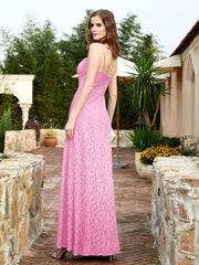 Square Neckline Long Lace Dress With Slit Candy Pink