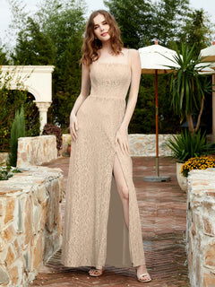 Square Neckline Long Lace Dress With Slit Champagne