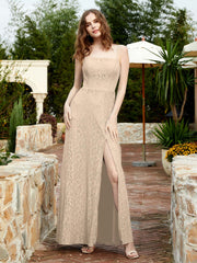 Square Neckline Long Lace Dress With Slit Champagne Plus Size