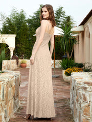 Square Neckline Long Lace Dress With Slit Champagne