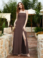 Square Neckline Long Lace Dress With Slit Chocolate
