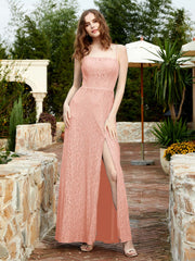 Square Neckline Long Lace Dress With Slit Coral