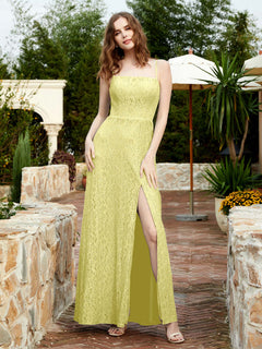 Square Neckline Long Lace Dress With Slit Daffodil