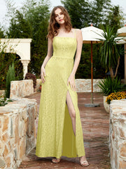 Square Neckline Long Lace Dress With Slit Daffodil Plus Size