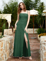 Square Neckline Long Lace Dress With Slit Dark Green