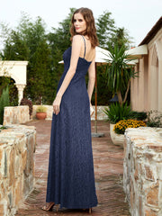 Square Neckline Long Lace Dress With Slit Dark Navy