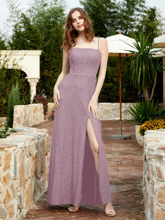 Square Neckline Long Lace Dress With Slit Dusk