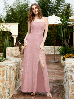 Square Neckline Long Lace Dress With Slit Dusty Rose