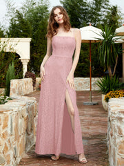 Square Neckline Long Lace Dress With Slit Dusty Rose Plus Size