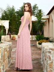 Square Neckline Long Lace Dress With Slit Dusty Rose