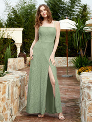 Square Neckline Long Lace Dress With Slit Dusty Sage