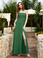 Square Neckline Long Lace Dress With Slit Emerald