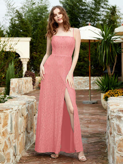 Square Neckline Long Lace Dress With Slit Flamingo