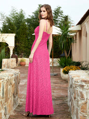 Square Neckline Long Lace Dress With Slit Fuchsia