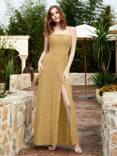 Square Neckline Long Lace Dress With Slit Gold