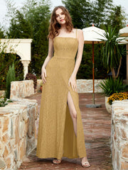 Square Neckline Long Lace Dress With Slit Gold Plus Size