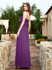 Square Neckline Long Lace Dress With Slit Grape