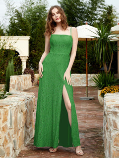 Square Neckline Long Lace Dress With Slit Green