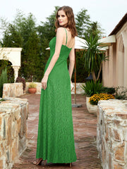 Square Neckline Long Lace Dress With Slit Green