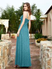 Square Neckline Long Lace Dress With Slit Jade