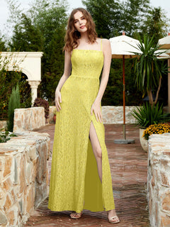 Square Neckline Long Lace Dress With Slit Lemon