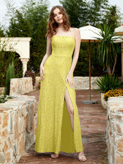 Square Neckline Long Lace Dress With Slit Lemon Plus Size