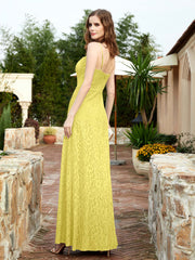Square Neckline Long Lace Dress With Slit Lemon