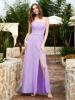 Square Neckline Long Lace Dress With Slit Lilac