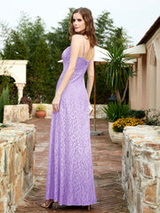 Square Neckline Long Lace Dress With Slit Lilac