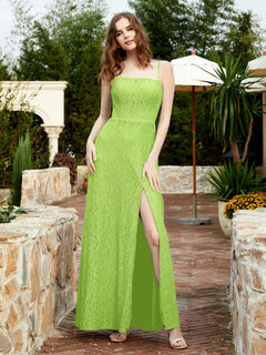 Square Neckline Long Lace Dress With Slit Lime Green