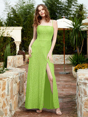 Square Neckline Long Lace Dress With Slit Lime Green Plus Size