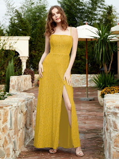 Square Neckline Long Lace Dress With Slit Marigold