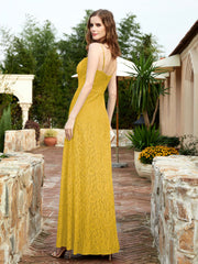 Square Neckline Long Lace Dress With Slit Marigold