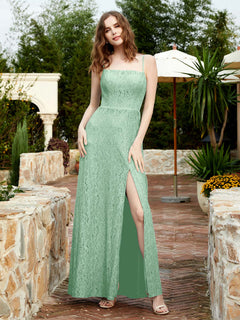 Square Neckline Long Lace Dress With Slit Mint Green