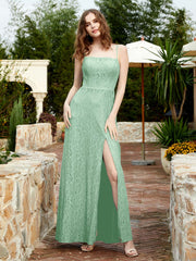 Square Neckline Long Lace Dress With Slit Mint Green Plus Size