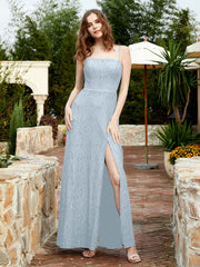 Square Neckline Long Lace Dress With Slit Mist