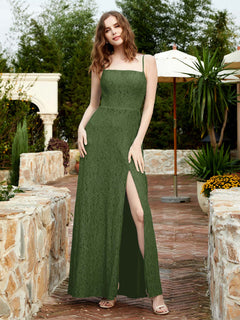 Square Neckline Long Lace Dress With Slit Moss