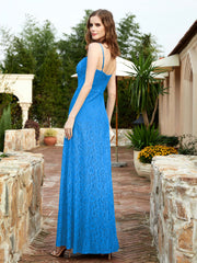 Square Neckline Long Lace Dress With Slit Ocean Blue