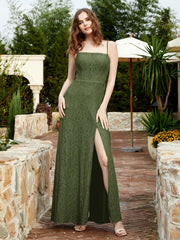 Square Neckline Long Lace Dress With Slit Olive Green