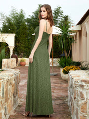 Square Neckline Long Lace Dress With Slit Olive Green