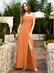 Square Neckline Long Lace Dress With Slit Orange Plus Size