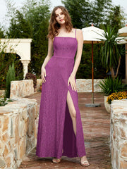 Square Neckline Long Lace Dress With Slit Orchid
