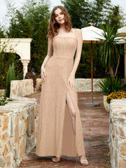 Square Neckline Long Lace Dress With Slit Peach