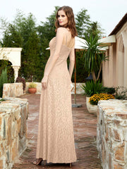 Square Neckline Long Lace Dress With Slit Peach