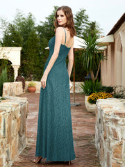 Square Neckline Long Lace Dress With Slit Peacock