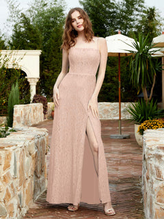 Square Neckline Long Lace Dress With Slit Pearl Pink