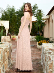 Square Neckline Long Lace Dress With Slit Pearl Pink